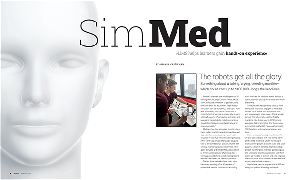 A double-page magazine spread with the headline "Sim Med." An image of a medical manikin